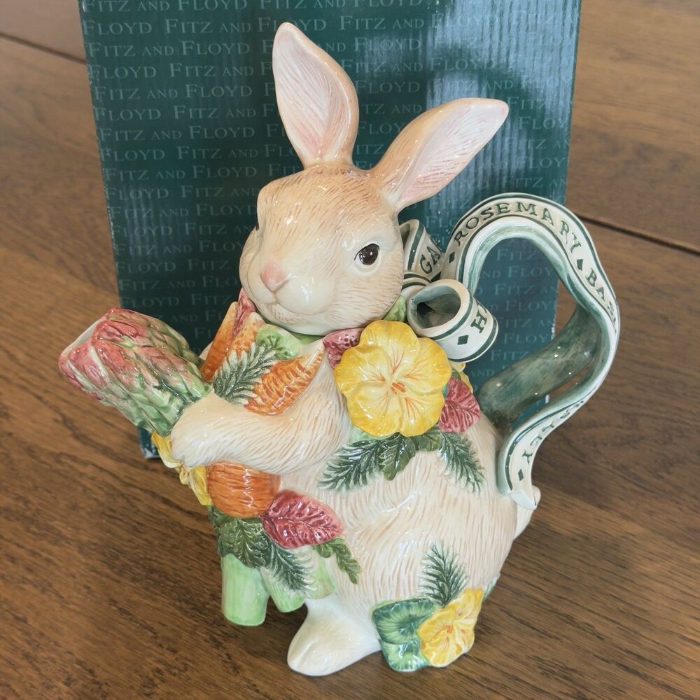 Fitz and Floyd Herb Garden Bunny Rabbit Teapot Ceramic Vintage Asparagus Carrots